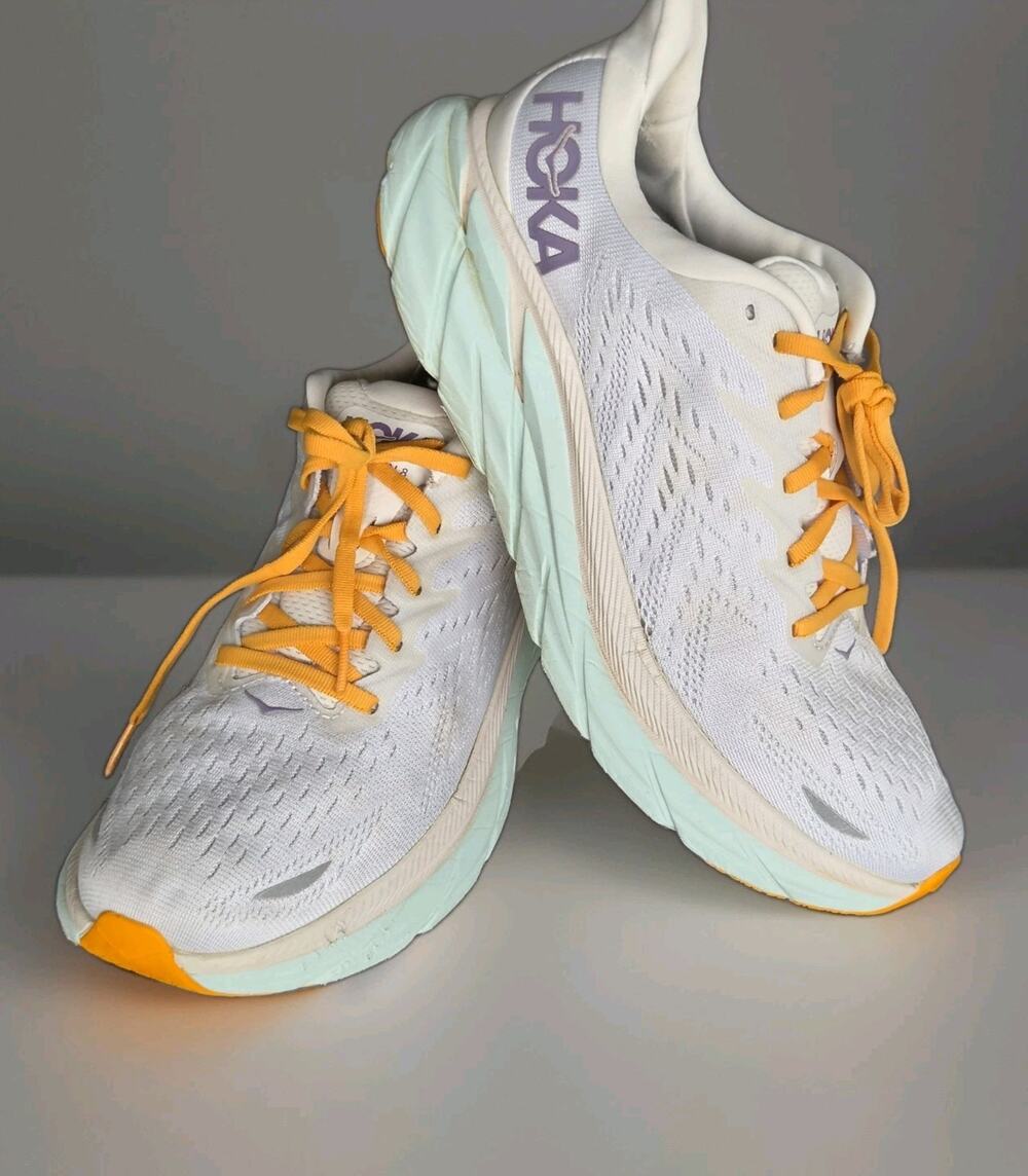 Hoka One One Womens Sz 10.5B Clifton 8 Running Shoes Sneakers Yellow White